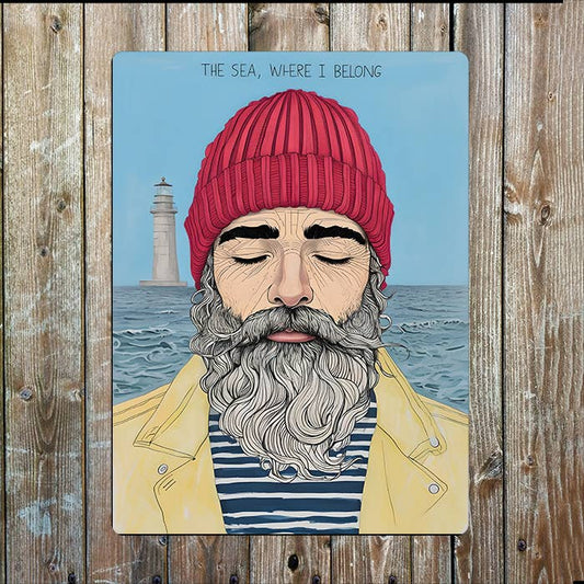 Sea Where i Belong Bearded Sailor Nautical Metal Sign Plaque