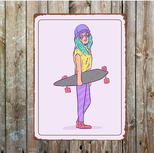 Skateboard Girl, Purple Metal Sign Plaque