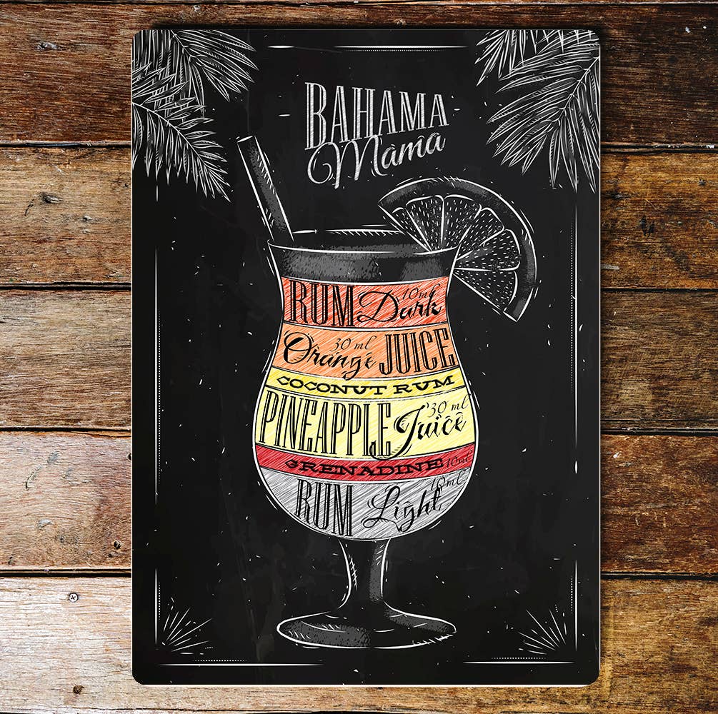Bahamas Mama Cocktail Recipe Glass | Metal Wall Sign