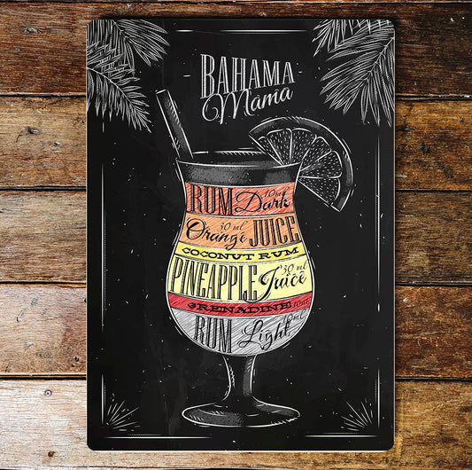 Bahamas Mama Cocktail Recipe Glass | Metal Wall Sign