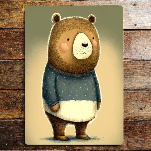 Cute Bear Blue And White Spotty Jumper | Metal Sign Plaque