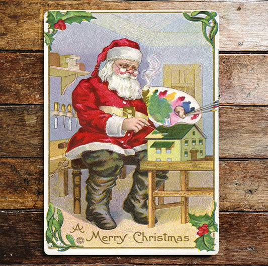 Santa painting house Christmas Wall Metal Sign Plaque
