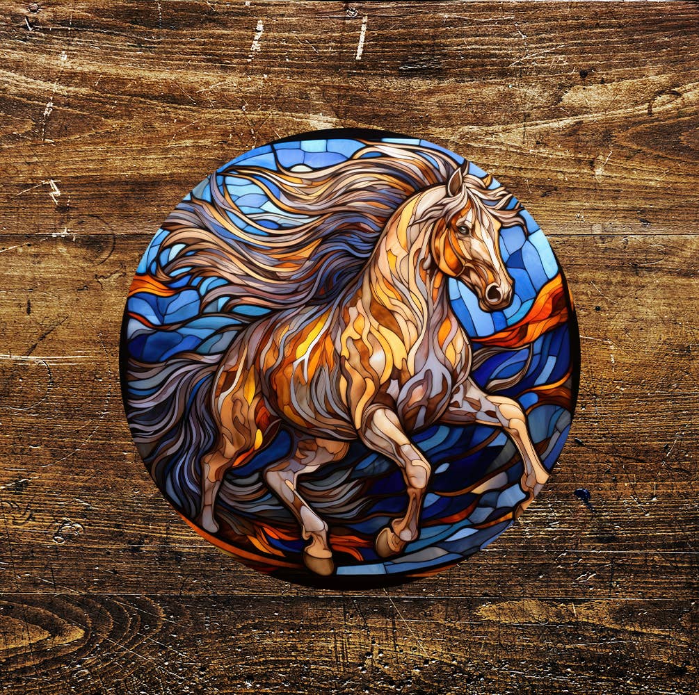 Horse Orange Blue Stained Glass Affect Circle Metal Sign