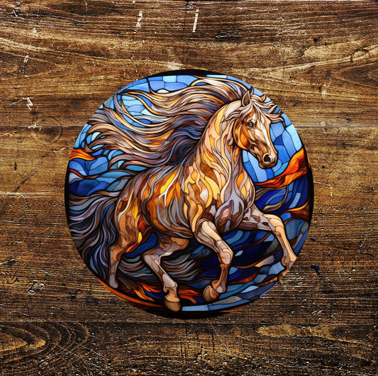 Horse Orange Blue Stained Glass Affect Circle Metal Sign