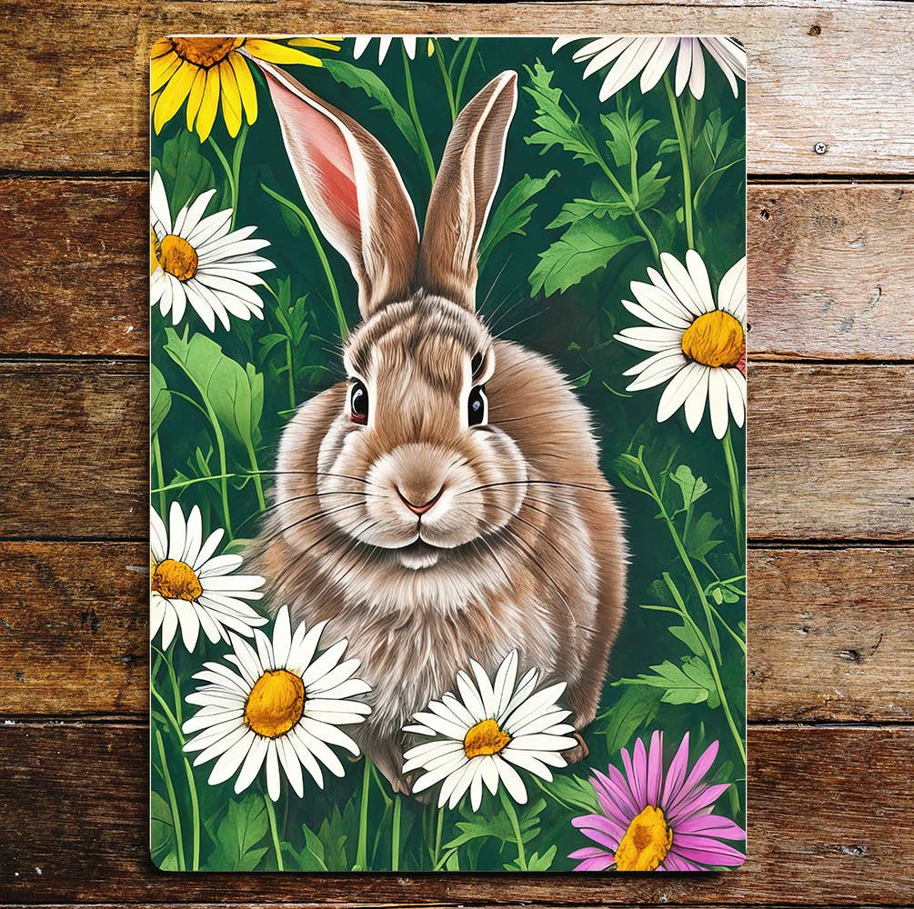 Rabbit Laying Among Daisy's Metal Sign Plaque