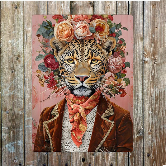 Leopard With Floral Crown in clothes | Metal Sign Plaque