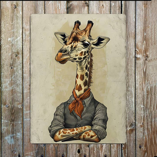 Giraffe Illustration in Vintage Clothing | Metal Sign Plaque