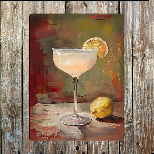 Still Life Painting Cocktail Lemon Glass Metal Sign Plaque