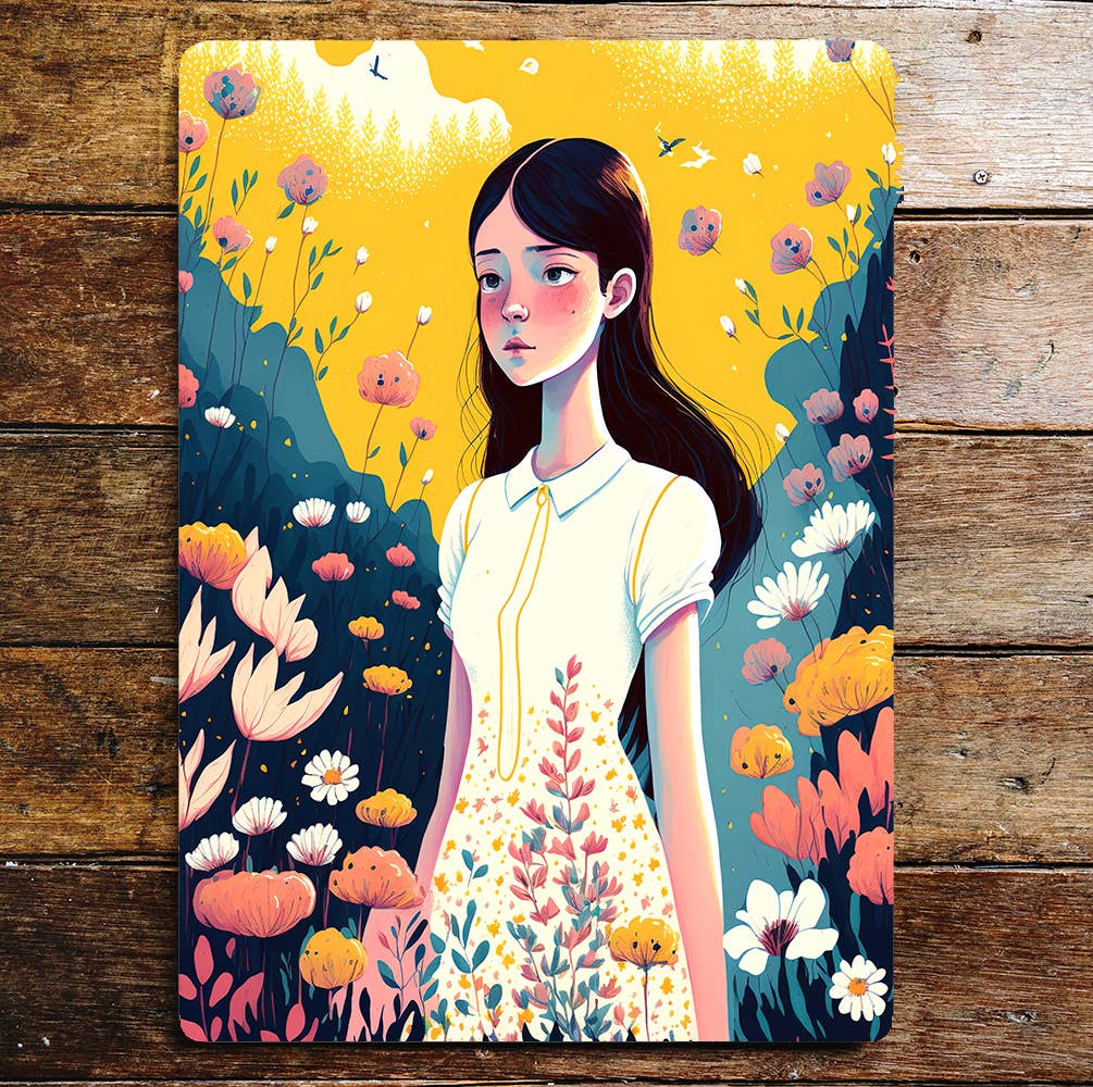 Girl Flower Fields Yellow Blue Sunny Day | Metal Sign Plaque
