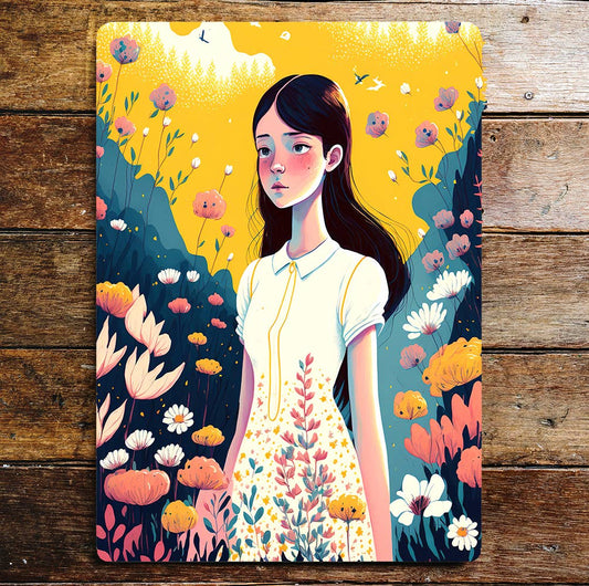 Girl Flower Fields Yellow Blue Sunny Day | Metal Sign Plaque