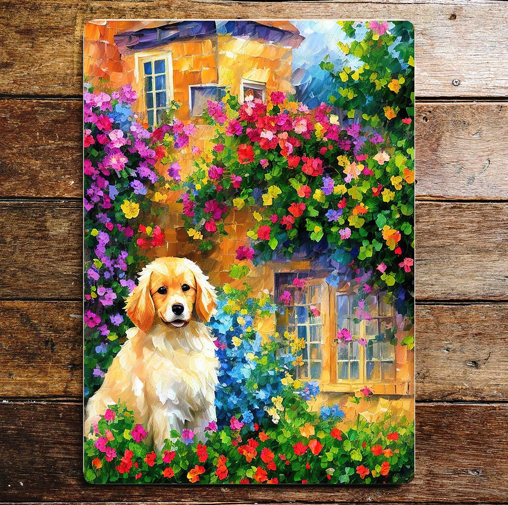 Golden Retriever flowers garden | Metal Sign plaque