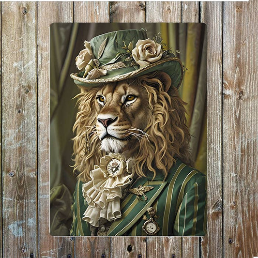 Lion In Vintage Clothes Hat | Metal Sign Plaque
