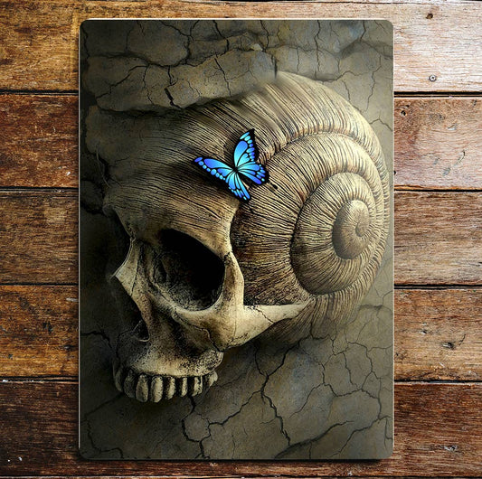 Skull & Butterfly Fossil Metal Wall Sign