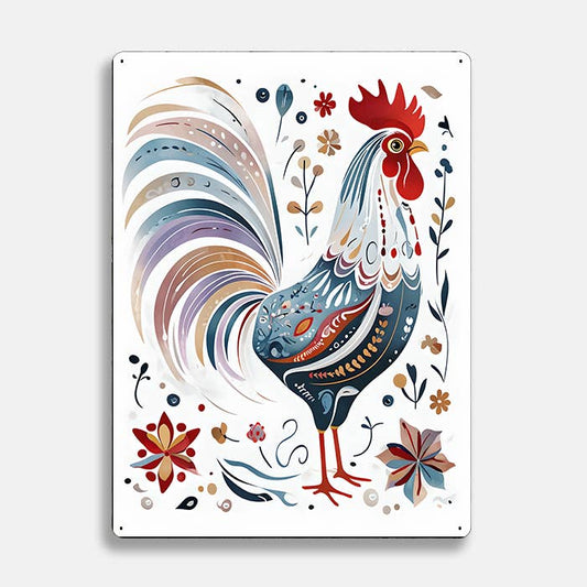 Rooster Chicken Floral scandinavian folk Metal Sign Plaque