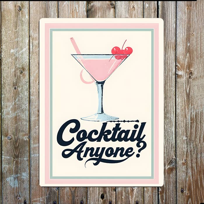 Pink Illustration Cocktail Anyone Metal Sign Plaque