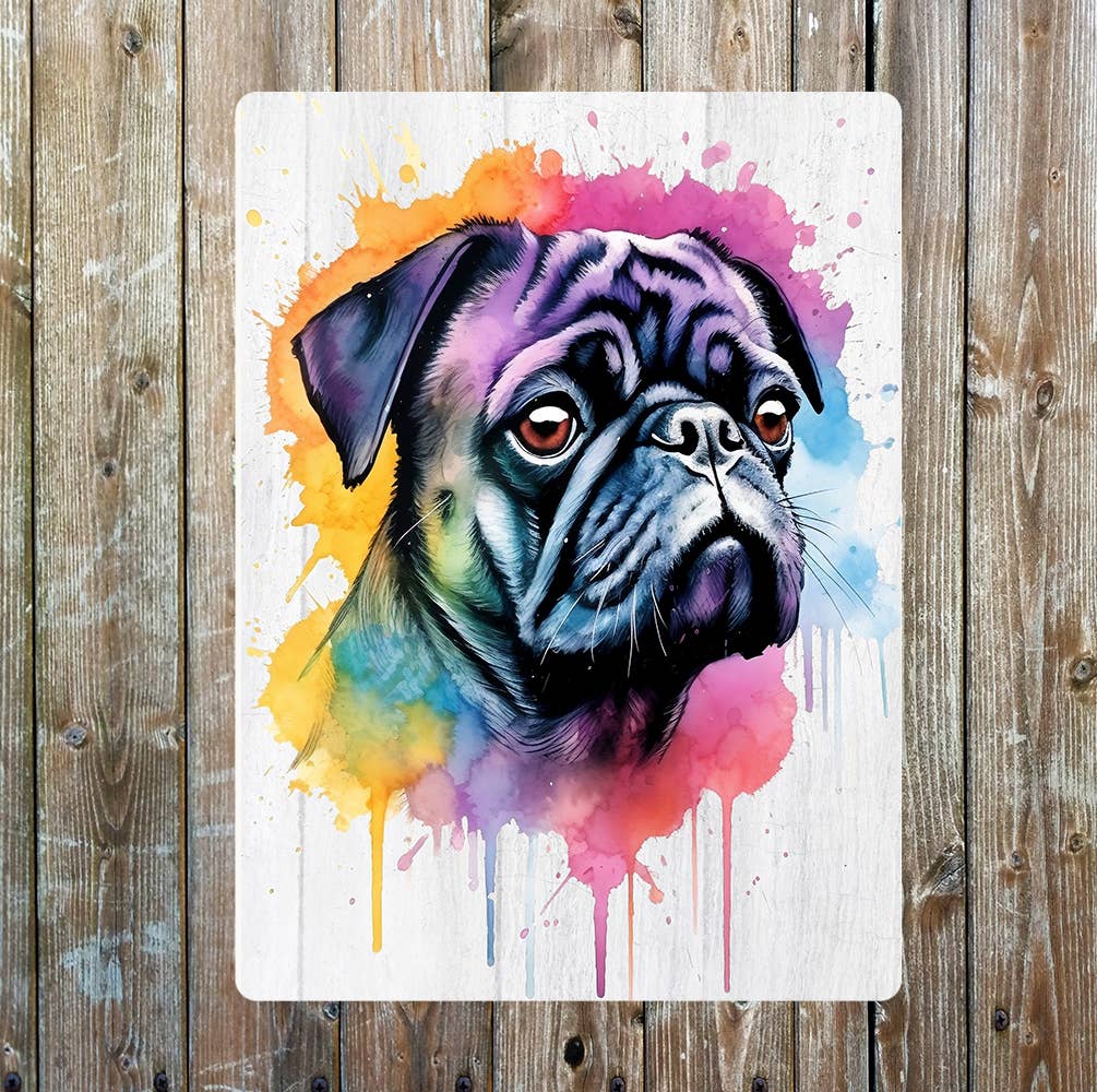 Black Pug Watercolour Splash Looking Away | Metal Sign Plaque