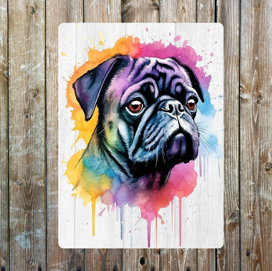 Black Pug Watercolour Splash Looking Away | Metal Sign Plaque