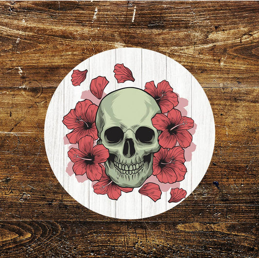 Skull and Flowers Art Circle Metal Sign