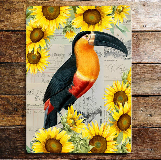 Toucan Bird Sunflower Ephemera Metal Wall Sign Plaque