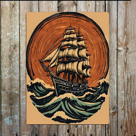 Woodcut Illustration Sailing Ship Nautical | Metal Sign Plaque