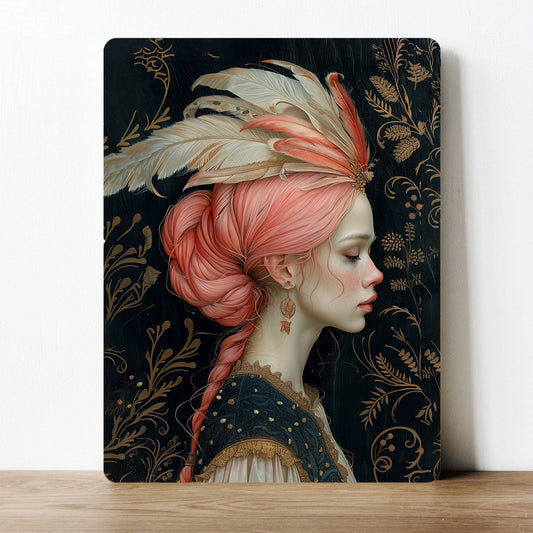 Floral Lady Vintage Pink Feathers | Metal Sign Plaque