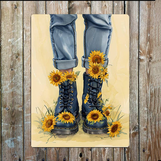 Illustration Boots Jeans Sunflowers | Metal Sign Plaque