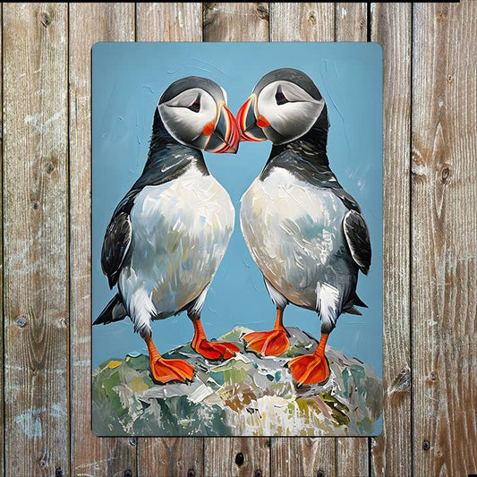 Two Puffins On A Rock Painting | Metal Sign Plaque