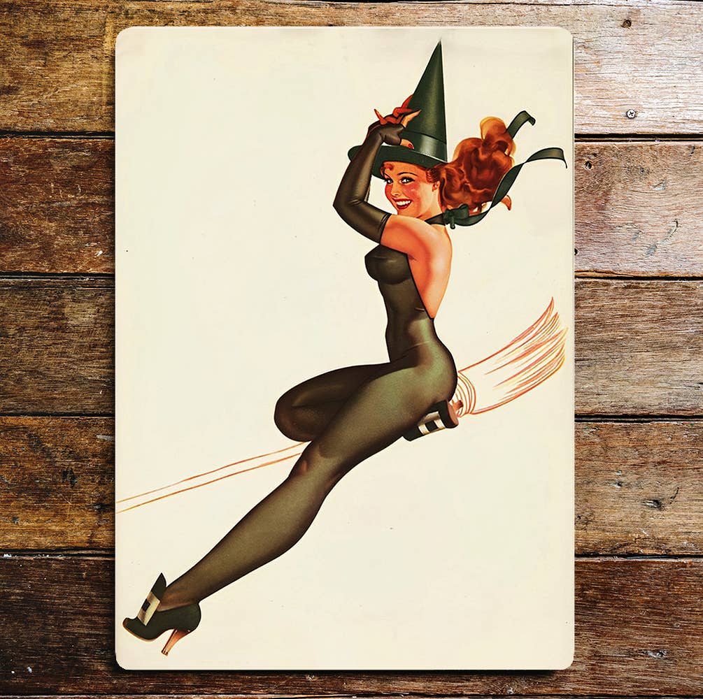 Pinup Girl Witch Broom Metal Humour Wall Sign