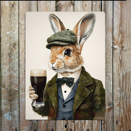 Rabbit In Vintage Clothing Drink Stout Metal Sign Plaque
