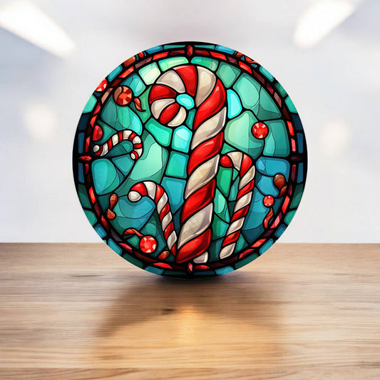 Candy Cane Stained Glass Effect Xmas Circle Metal Sign