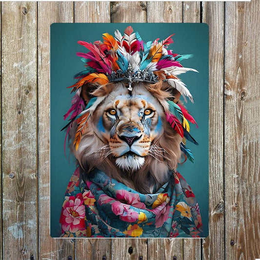 Majestic Lion With Vibrant Feather Crown | Metal Sign Plaque