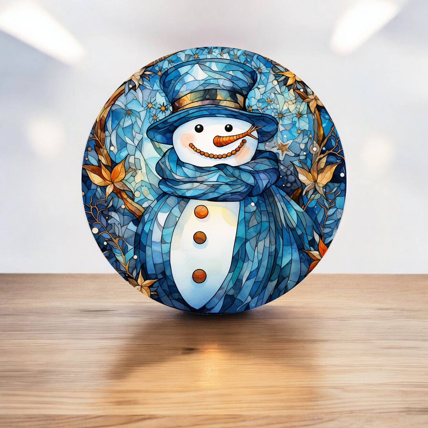 Snow Man Stained Glass Effect Xmas Circle Metal Sign