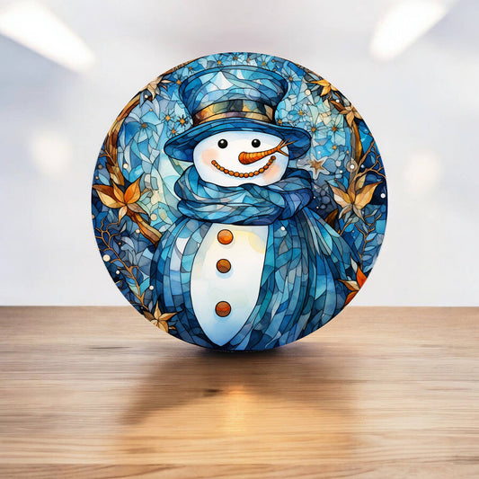 Snow Man Stained Glass Effect Xmas Circle Metal Sign