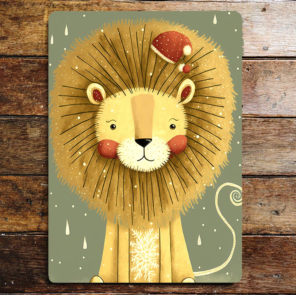 Cute Lion Portrait Hat Mane Snowflake | Metal Sign Plaque