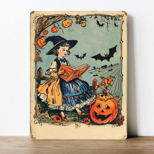 Witch Pumpkin Bat Vintage Halloween | Metal Sign Plaque