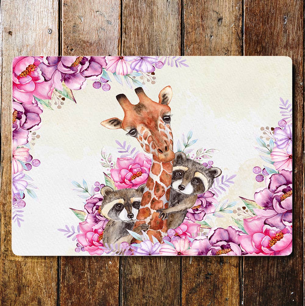 Cute Giraffe Racoons Pink Flowers | Metal Sign Plaque