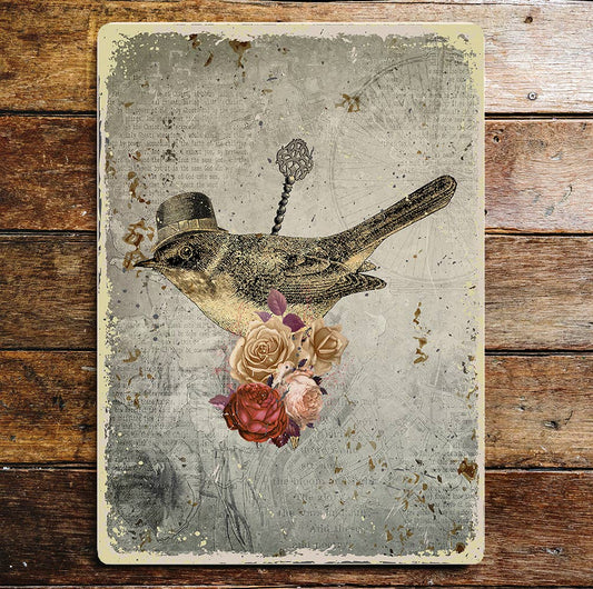 Bird Windup Key Top Hat Flowers | Metal Sign Plaque