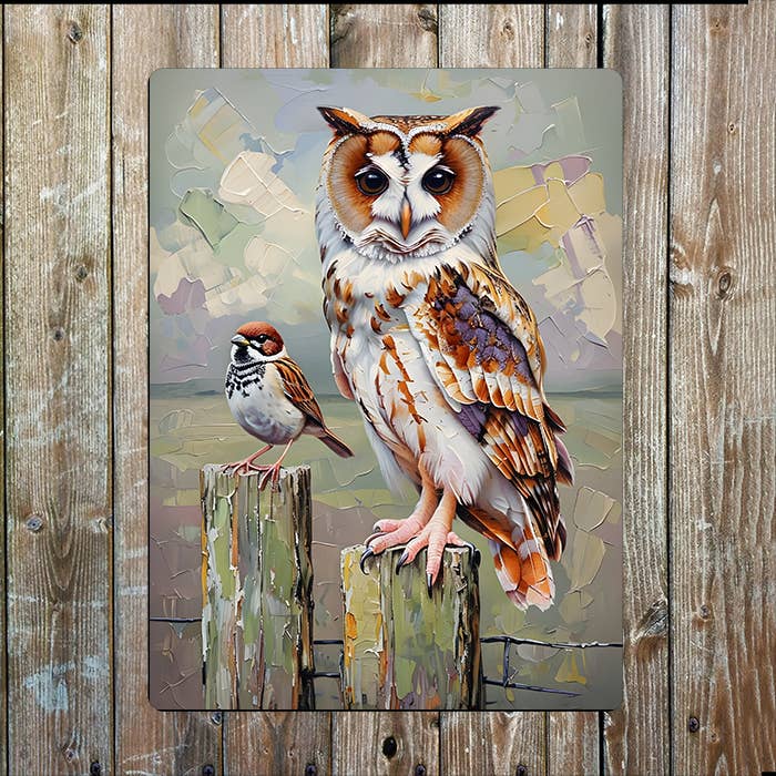 Owl And Sparrow Perched On Fence Painting | Metal Sign Plaque