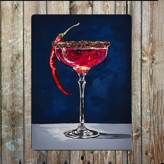 Cocktail Glass Blue Red Chili Pepper | Metal Sign Plaque