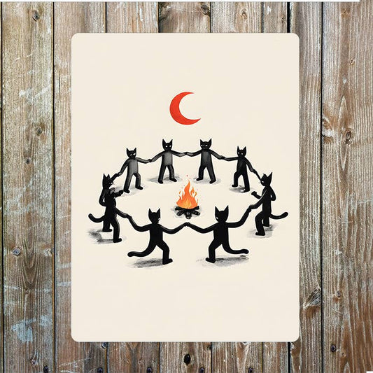 Cats Holding Hands Around A Campfire Box | Metal Sign Plaque