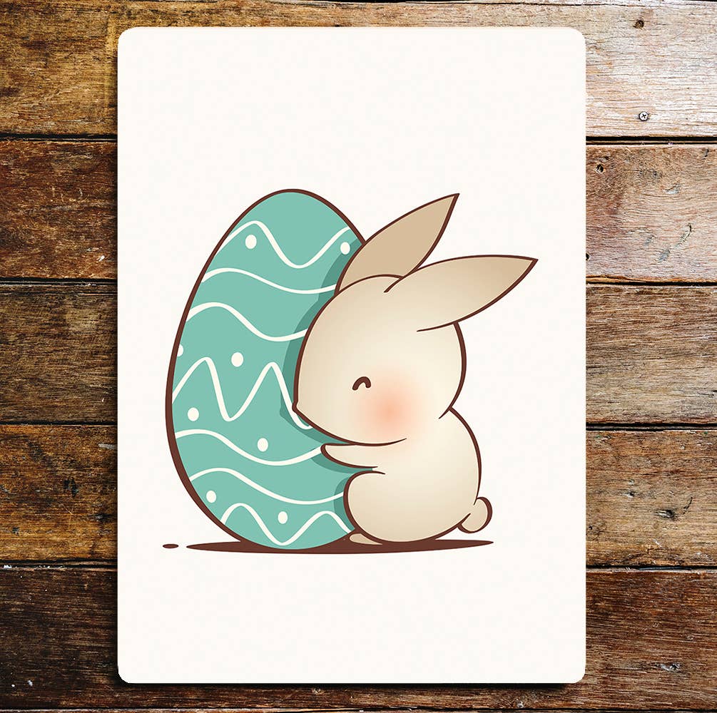 Painted Easter Egg Bunny Hugs Metal Sign Plaque