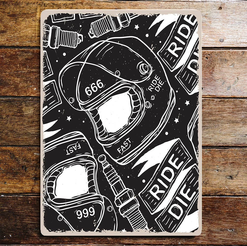Motorbike Helmet Spark Plugs Ride Fast | Metal Sign Plaque