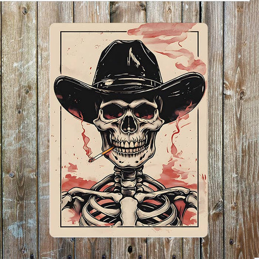 Skeleton In Cowboy Hat Western Art Metal Sign Plaque