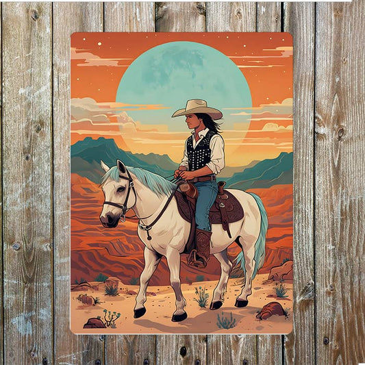 Cowboy Riding White Horse | Western | Metal Sign Plaque