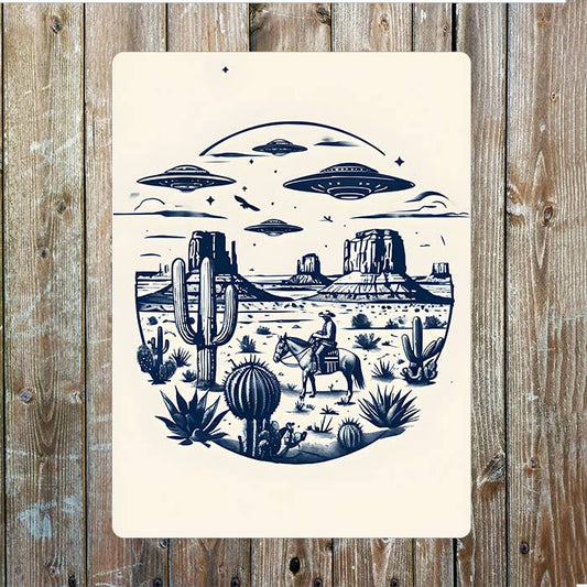 Blue Desert Landscape UFO Cowboy Western | Metal Sign Plaque