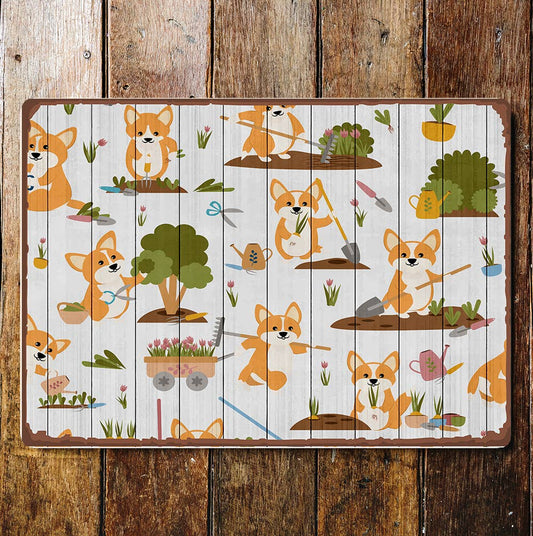 Corgi Dogs Gardening Tools Flowers | Metal Wall Sign