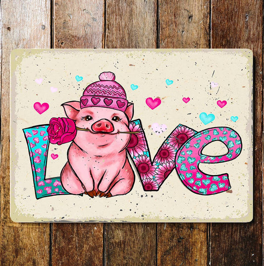 Love Pink Pigs Valentine Hearts Cute | Metal Sign Plaque