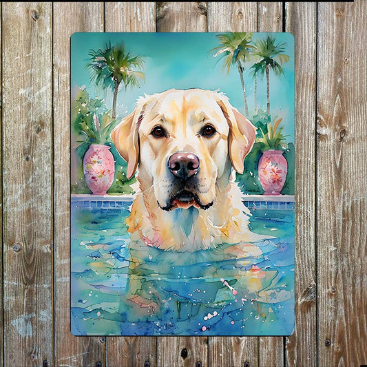 Golden Retriever In Pool | Watercolour | Metal Sign Plaque
