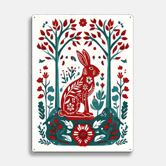 Red Green Rabbit scandinavian folk Metal Sign Plaque