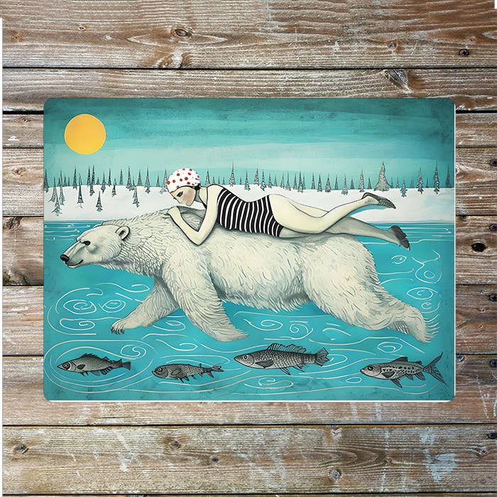 Polar Bear Swimming Sea Nautical Metal Sign Plaque